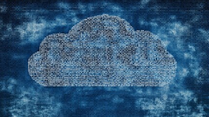 Poster - This image features an abstract cloud shape made from binary code on a textured blue background, symbolizing digital technology and data storage concepts.