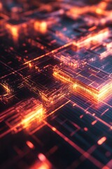 Poster - A close up of a computer chip with a red background. The chip is made up of many small squares