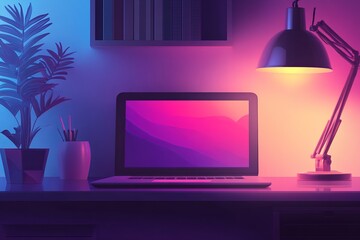 Poster - A laptop computer is sitting on a desk with a lamp turned on. The monitor is displaying a colorful background