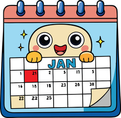 Wall Mural - January calendar with playful character illustrations and festive decorations for the new year