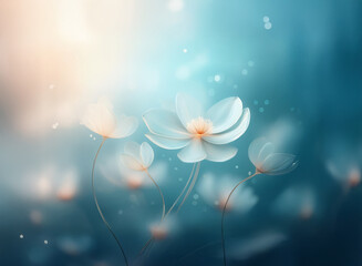 Poster - Soft, ethereal white flowers bloom in a dreamy, teal-blue landscape.  Sunlight filters through, creating a magical, peaceful atmosphere.