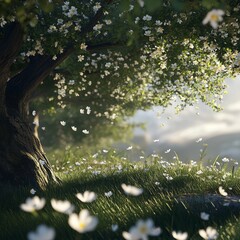 Wall Mural - Sunlit meadow with white blossoms and lush greenery under a majestic tree, creating a serene and enchanting natural landscape.