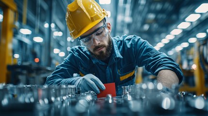 Poster - Inspector marking rejected products with a red tag on an assembly line, rejection process, defect identification