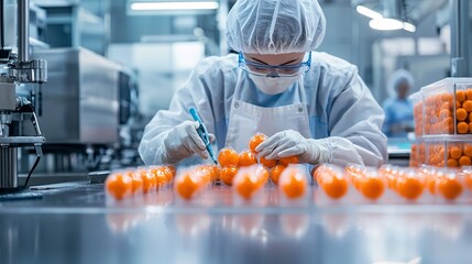 Poster - worker performing a manual quality check on food products in a processing facility, food safety insp