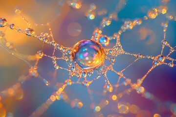 Poster - Macro shot of a spider web with dew drops, showcasing vibrant colors and intricate patterns against a blurred background.