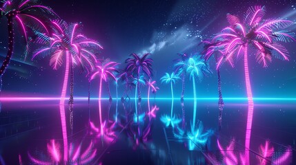 Poster - Neon-lit palm trees at night, creating a glowing, tropical scene.