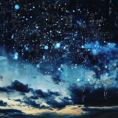 Poster - Discover a surreal blend of abstract patterns and binary code forms set against a dark, cloudy sky at dusk, evoking themes of technology and innovation.