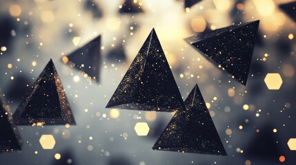 Poster - Dynamic abstract image featuring black triangles and glowing golden bokeh lights, creating a modern and futuristic atmosphere.