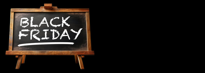 Aufkleber - Closeup of a blackboard on a wooden easel (tripod) with the text written in chalk, Black Friday in English language. Isolated on a black background with copy space. Generative Ai.