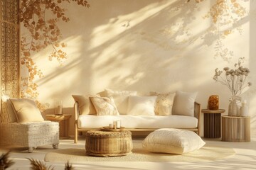 Poster - A living room with a tan wall and a white couch. There are two chairs and a coffee table in the room
