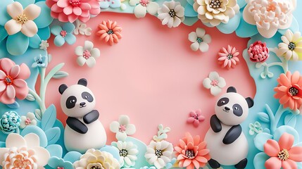 Poster - Two fondant pandas surrounded by colorful flowers on a pink background.