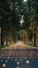 Poster - Connected Digital Space with Floating Nodes in an Empty Area Surrounded by Lush Green Trees