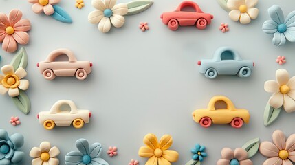 Poster - A pastel blue background with a border of flowers and toy cars.