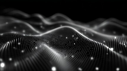 Poster - Discover an abstract representation of a digital network pattern featuring flowing waves and luminous data points, ideal for tech-related themes.
