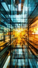 Poster - A striking panoramic view through a glass elevator showcasing the artistic architecture of a modern gallery. Vivid reflections and light create a unique visual experience.