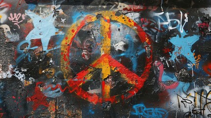 Poster - A peace sign painted in red and yellow on a wall covered in colorful graffiti.
