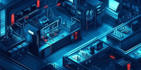 Poster - Blue and red computer lab with a lot of equipment. The lab is filled with computers and other electronic devices