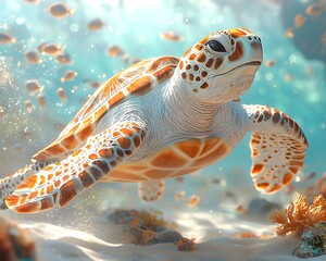 Wall Mural - Graceful Sea Turtle Swimming Amidst Vibrant Coral Reef and Schooling Fish