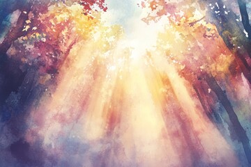 Wall Mural - This serene pastel watercolor illustration captures soft light filtering through a vibrant forest, evoking tranquility and natural beauty in an artistic design.