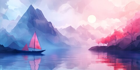 Wall Mural - A boat is sailing on a lake with mountains in the background. The sky is pink and the sun is setting