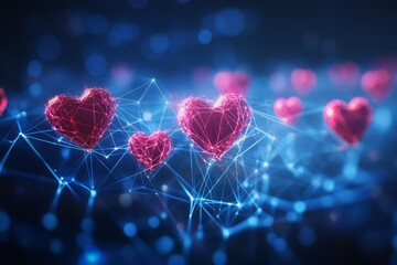 Poster - A blue background with a bunch of red hearts scattered throughout. The hearts are connected by a web of lines, creating a sense of unity and love