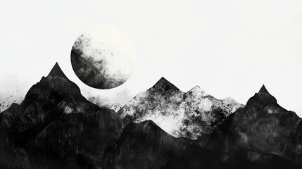 Poster - A black and white illustration of mountains with a large, textured orb above them.