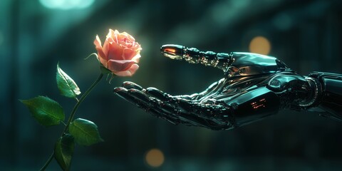 Poster - A robotic hand delicately holds a rose, symbolizing the blend of technology and nature in a futuristic setting.