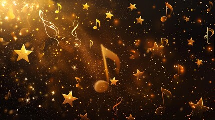 Poster - Golden musical notes and stars on a black background.