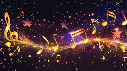 Wall Mural - a digital illustration of musical notes and stars against a dark blue background.