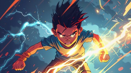Poster - An anime-style illustration of a young man with lightning coming out of his hands.
