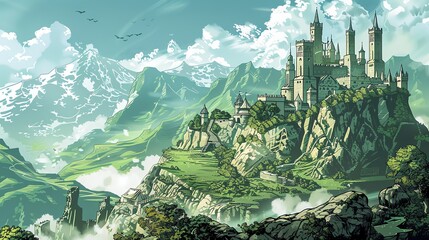 Poster - A large castle perched on a cliff in a mountainous landscape.