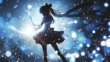 Poster - An anime girl in silhouette with long black hair, holding a staff, standing in front of a starry, sparkly background.