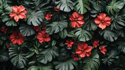Wall Mural - red flowers and monstera leaves create a vibrant tropical wall backdrop.