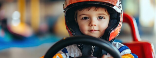 Preschool boy in race car driver costume, gripping toy steering wheel, embodying youthful imagination and playfulness