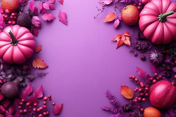 Wall Mural - A vibrant autumn-themed arrangement featuring pink pumpkins, leaves, and fruits on a purple background.