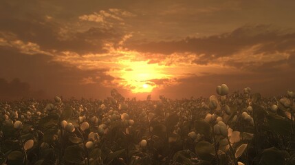 Wall Mural - A breathtaking sunset over a field of cotton plants.  Golden hour light bathes the landscape in warm hues.