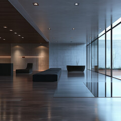 Poster - modern wood and concrete kitchen interior with empty mock up place on wall, island, appliances and w