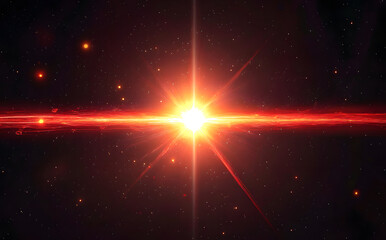 Wall Mural - A digital lens flare featuring a red beam of light on a png or transparent background, with a sun glow and solar design. It includes flashes, sparks, and bright elements with stars, circles, rings