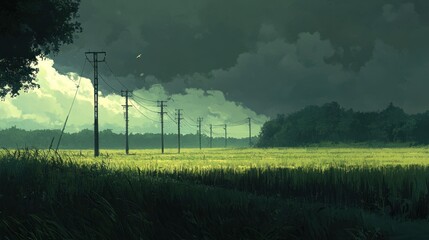 Wall Mural - A rural landscape with a field of tall grass, power lines stretching across, and ominous clouds overhead.