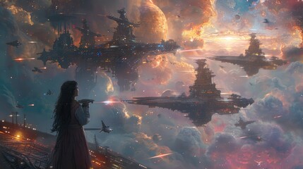 Wall Mural - woman watches futuristic cityscape battle, sunset cloudscape.