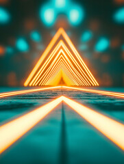 Aufkleber - A vibrant, abstract image featuring illuminated triangular patterns converging in perspective, with glowing orange and blue tones.