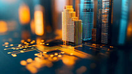 Aufkleber - A futuristic cityscape integrated with technology, featuring illuminated skyscrapers and circuit patterns, representing the intersection of urban life and digital innovation.