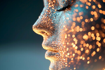 Aufkleber - A close-up of a glittering face profile adorned with shimmering particles and soft lights, creating an ethereal and captivating atmosphere.