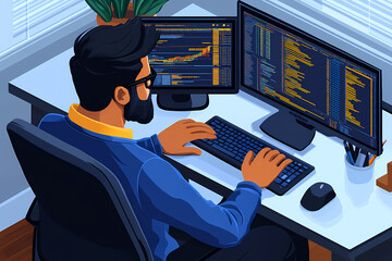 A man is sitting at a desk with two computer monitors and a keyboard