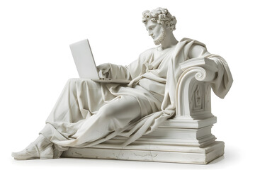 Realistic classic gypsum statue of man using a laptop for IT isolated on white background