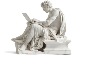 Realistic classic gypsum statue of man using a laptop for IT isolated on white background