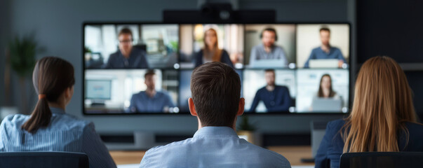 a group of people participating in a video conference, viewing multiple screens with individual part