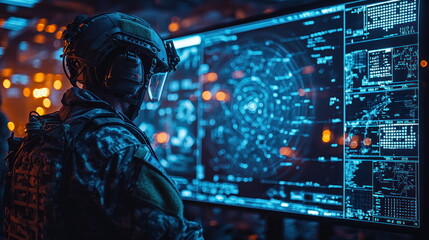 Poster - Soldier Analyzing Advanced Data on High-Tech Computer Screen in Dark Room