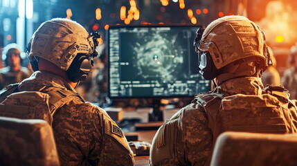 Poster - Soldiers Analyzing Tactical Data in High-Tech Operations Center