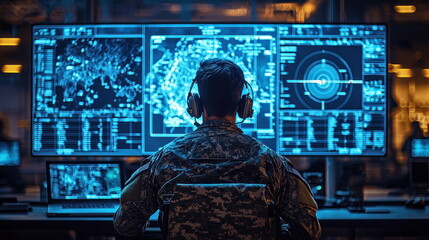 Poster - Military personnel monitoring advanced technology in a modern control room